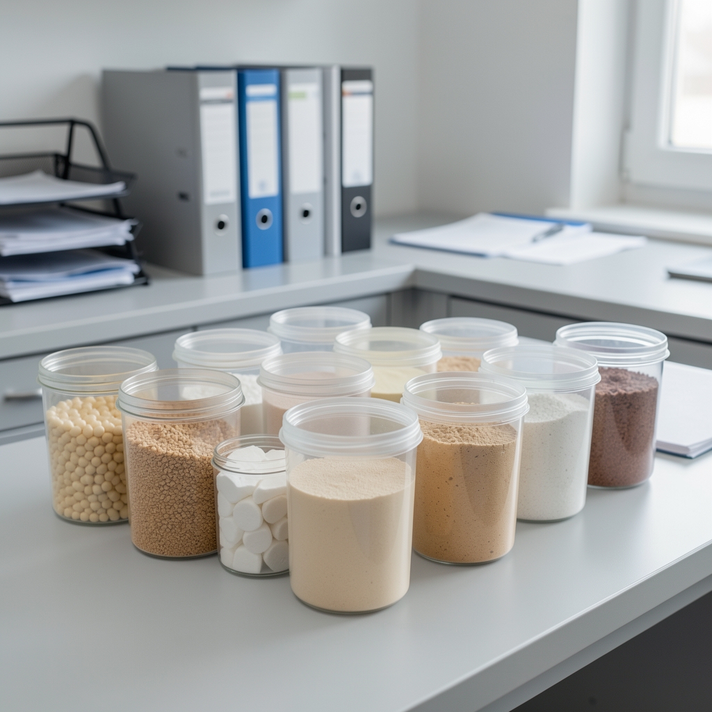 Clean quality-control environment in Warsaw, ingredient batch containers arranged on a light grey surface with documentation binders in background