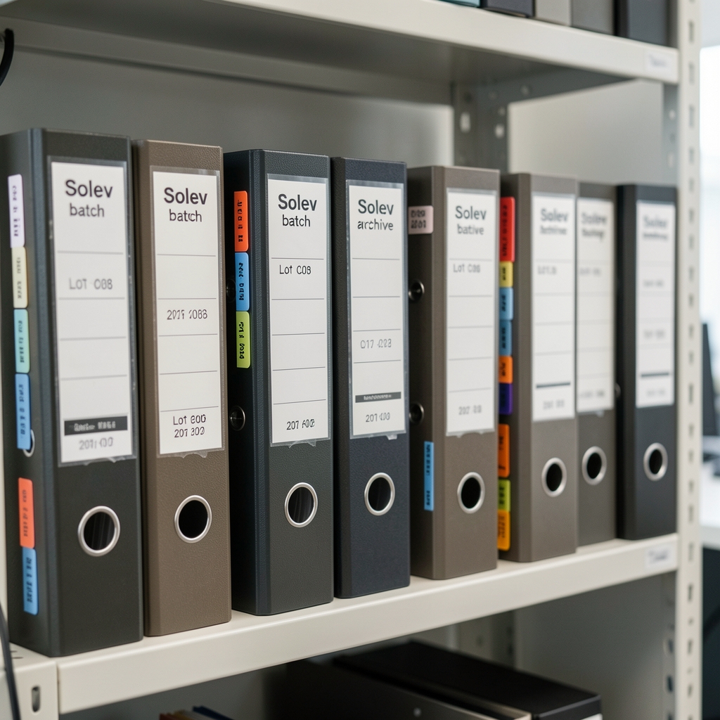 Solev batch archive binders on a shelf with visible lot code labels, date stamps, and tab dividers in a clean office environment