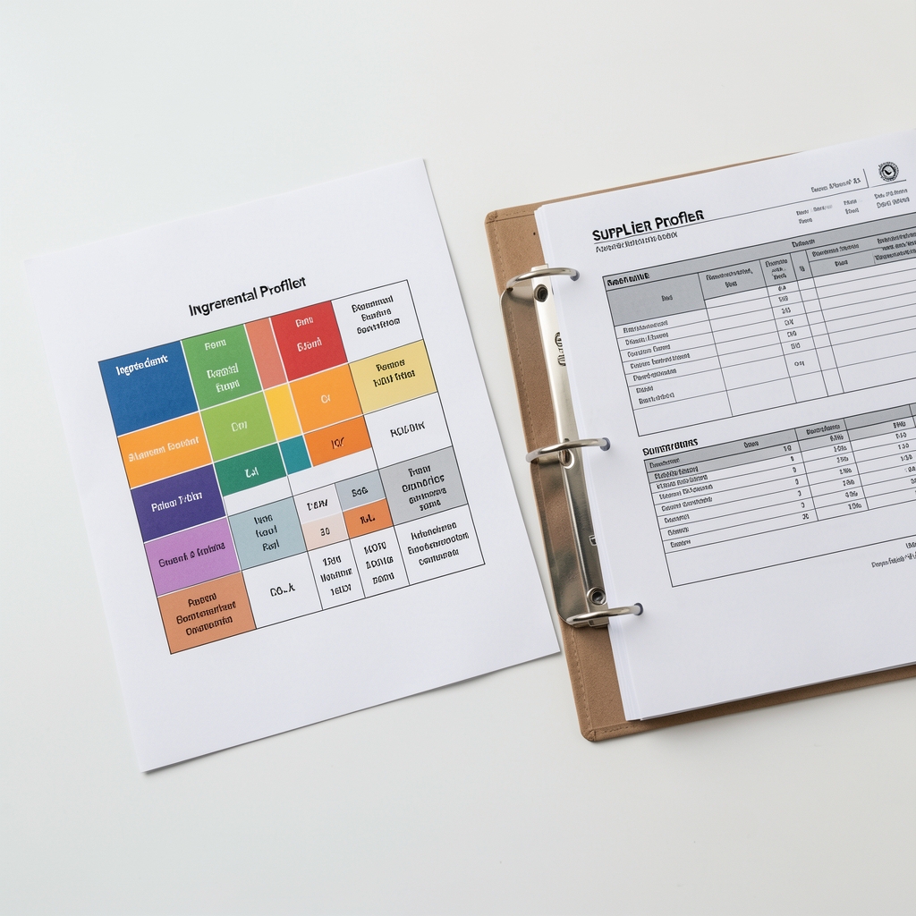 Ingredient elemental profile comparison chart printed on quality paper beside open supplier documentation folder, viewed from above on a white surface