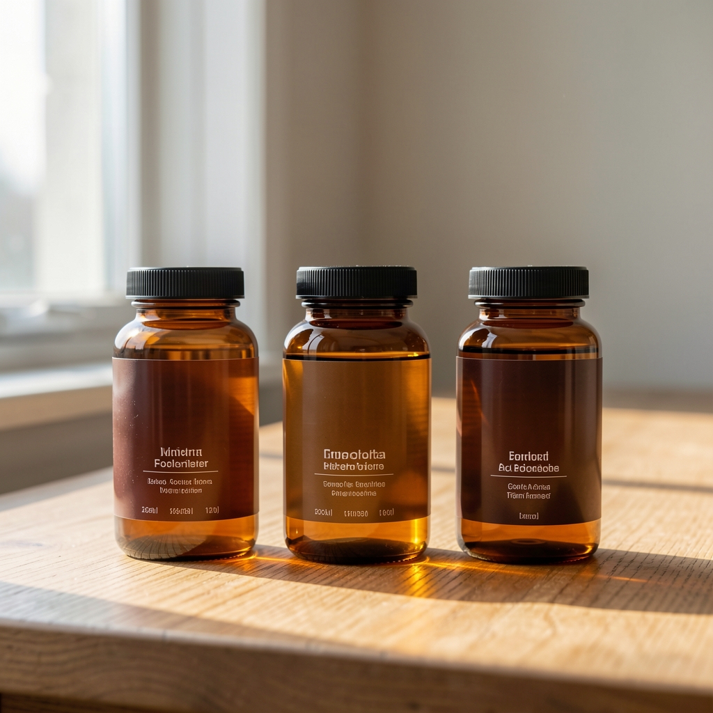 Complete Daily Composition Solev three-formula display with amber containers on a wooden surface, natural window light from the left