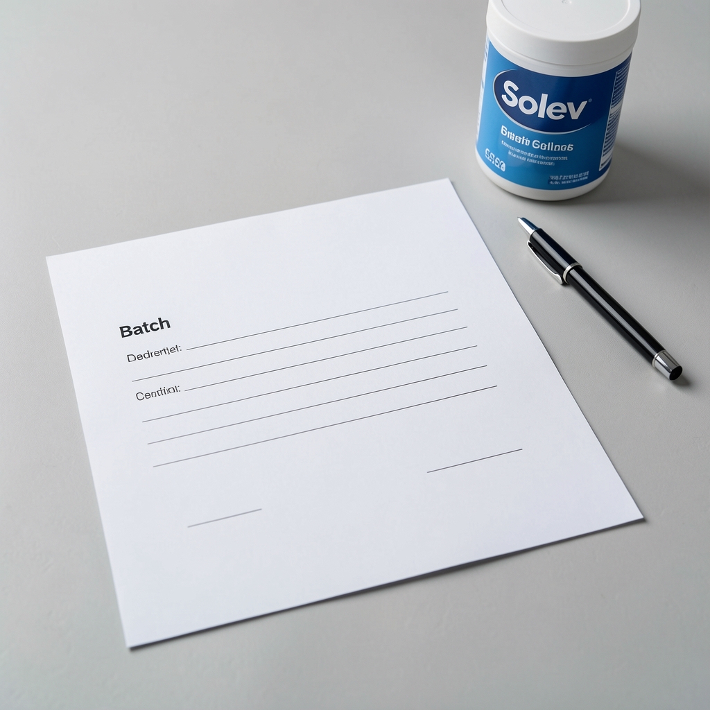 Batch documentation certificate laid flat on a light grey surface with a pen and Solev container in the background
